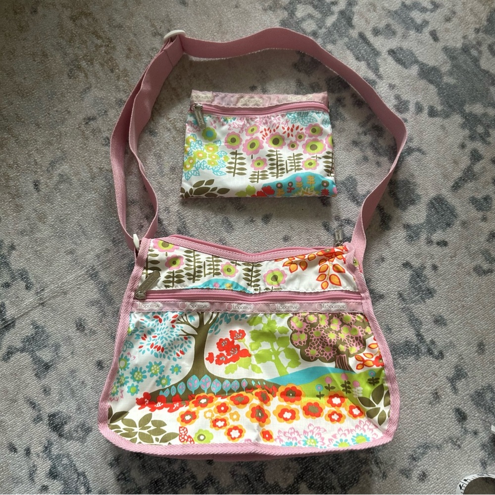 Le sport sac Floral Crossbody Bag with Matching Pouch - Pink Trim